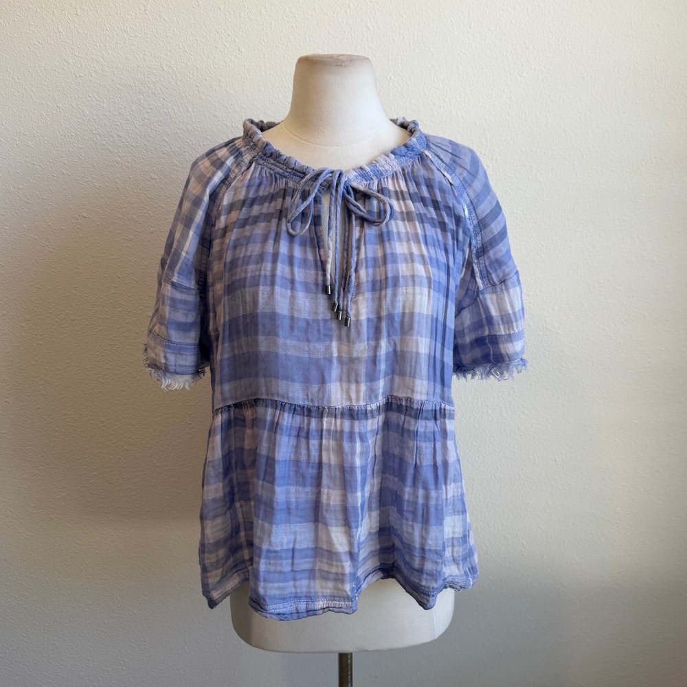 Pilcro And The Letterpress Blue White Plaid Flowy Blouse Sz S Beachy Coastal